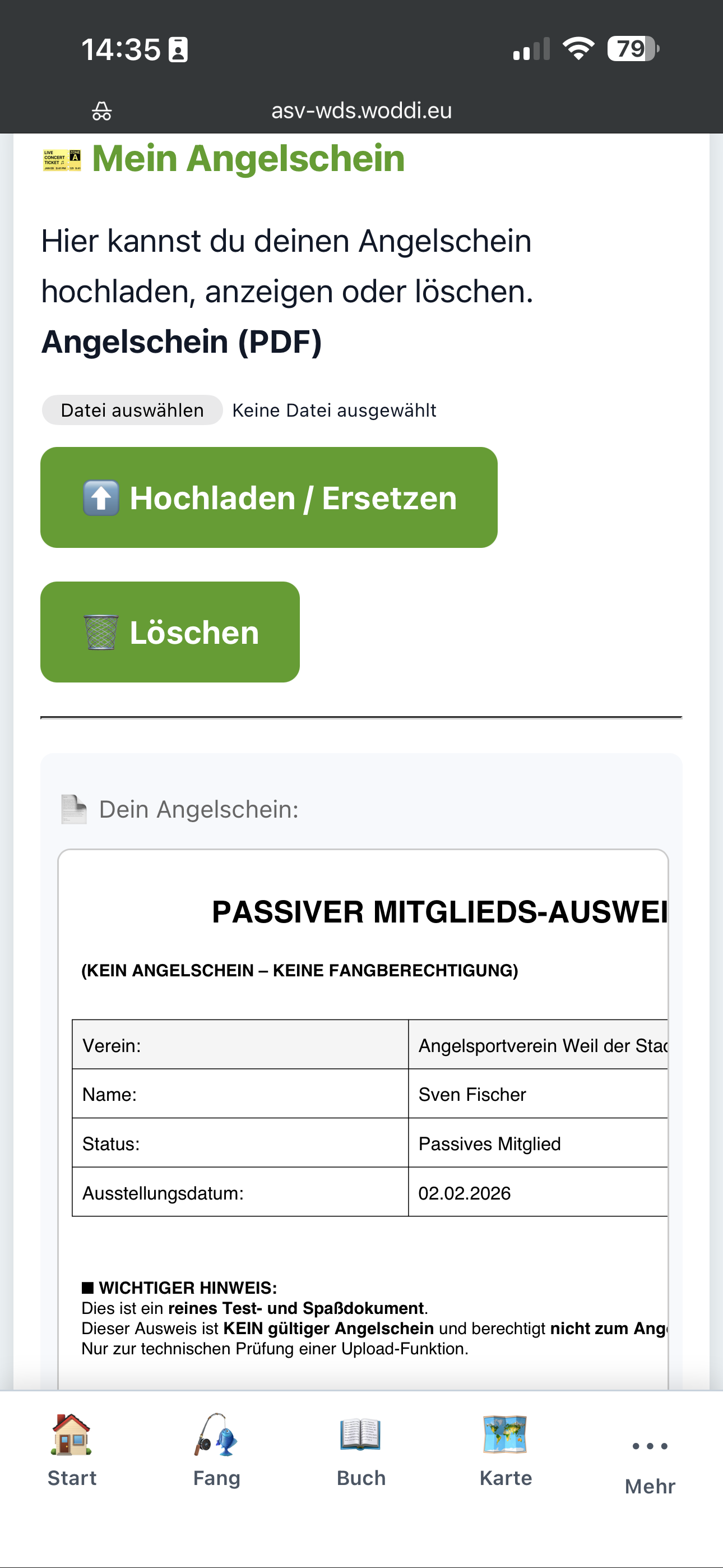 Upload-Ansicht fuer Angelschein und Nachweise