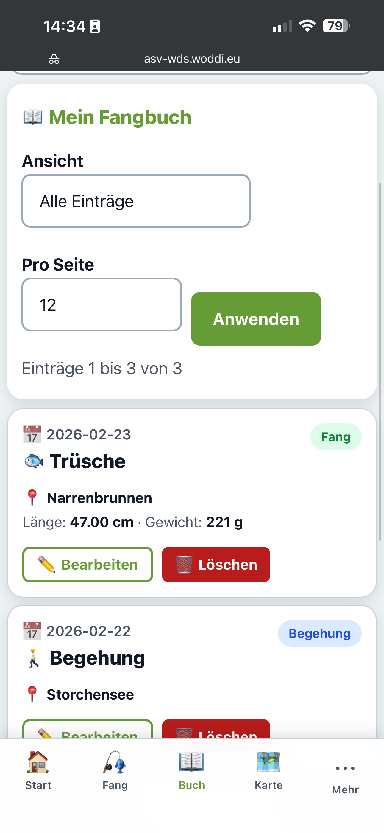 Eigenes Fangbuch mit Liste der Fange