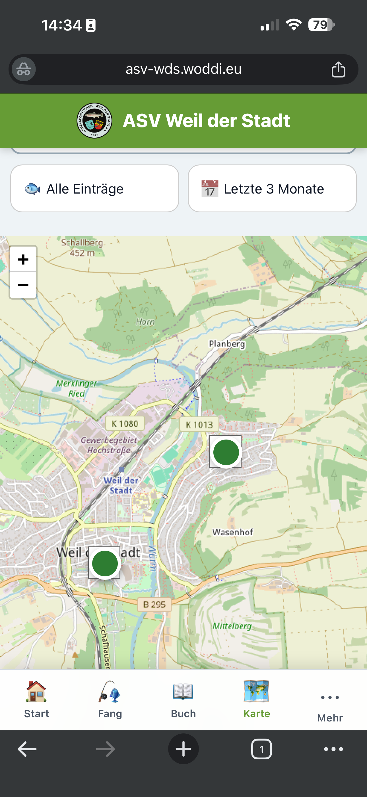Kartenansicht mit markierten Fangorten